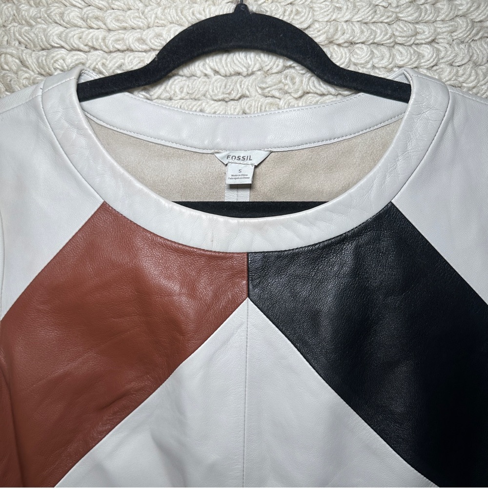 Fossil Neutral Leather Patchwork Short Sleeve Box… - image 2